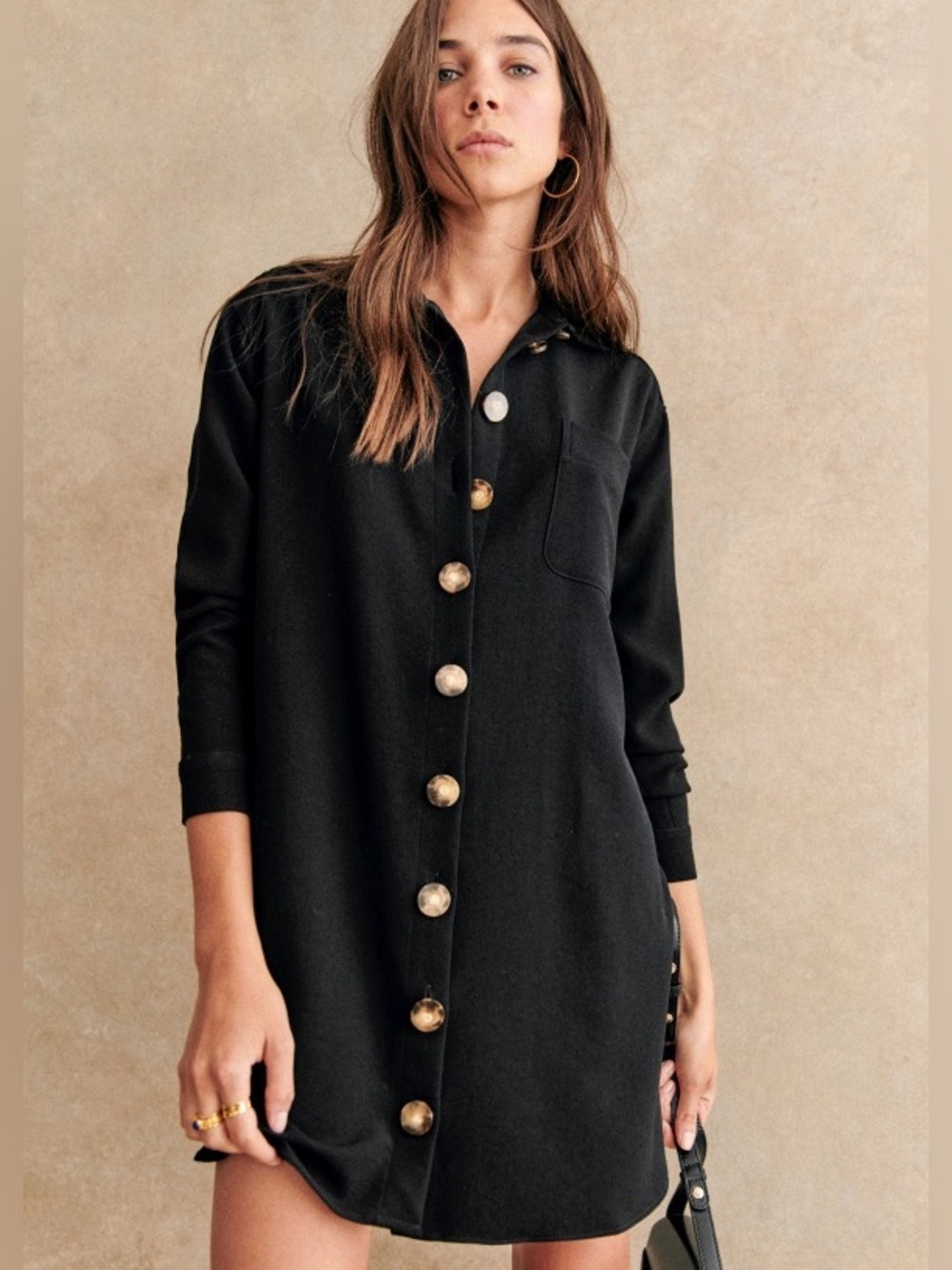 Sezane Sadie Dress Black Size 4 US 36 FR Button Front Mini Shirt Dress